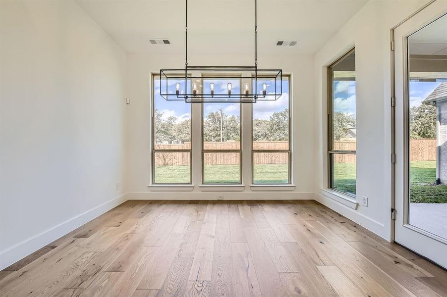 Unfurnished dining area featuring a chandelier, light hardwood / wood-style flooring, and a wealth of natural light