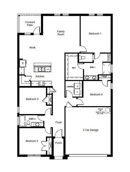2D floor plan layout of this home in Homestead at Parks Bell Ranch, Odessa, TX (Image 4).