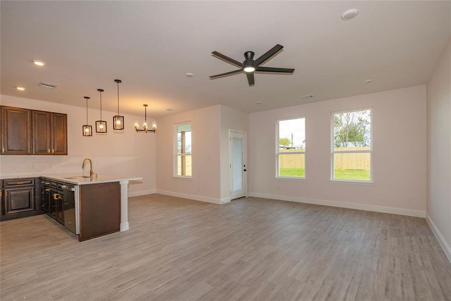 Kitchen with light hardwood / wood-style floors, plenty of natural light, sink, and kitchen peninsula