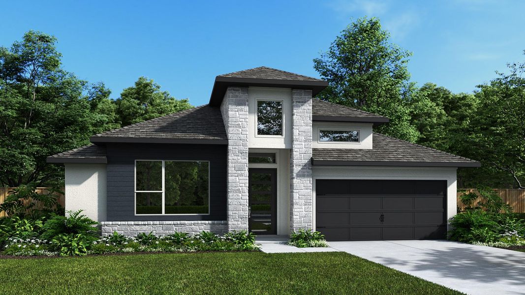 Front exterior of a new home in Artavia 55' - Valencia, Conroe, TX, highlighting curb appeal (Image 5). Front exterior of a new home in Artavia 55' - Valencia, Conroe, TX, highlighting curb appeal (Image 5).