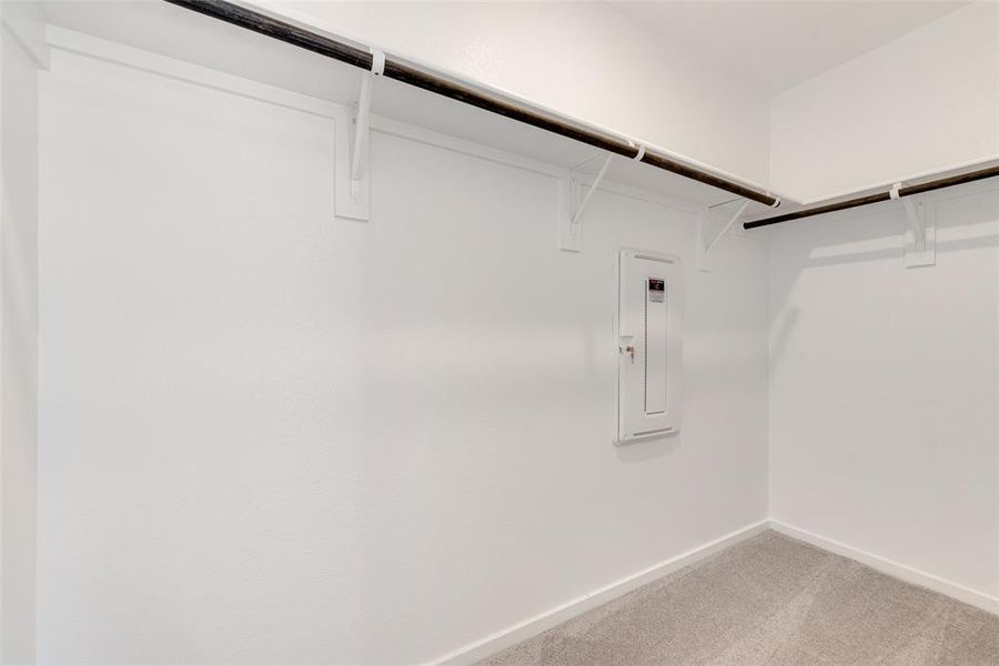 Spacious closet with carpet floors and electric panel Spacious closet with carpet floors and electric panel