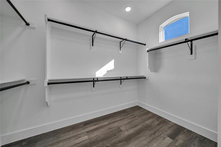 Walk in closet with dark wood-type flooring