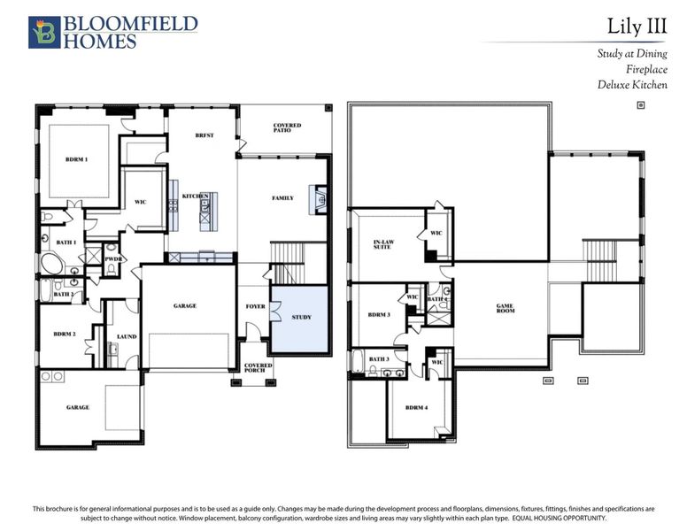 Bloomfield Homes Lily III two-story floor plan with four bedrooms, game room, in-law suite, and three-car garage.