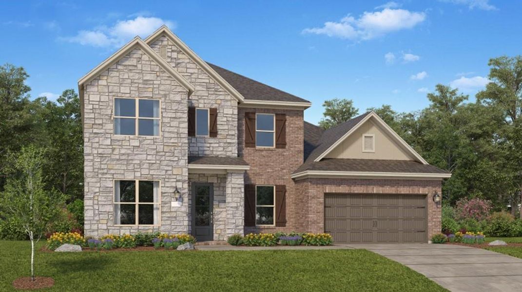 Front exterior of a new home in Cross Creek West: Pinnacle Collection, Fulshear, TX, highlighting curb appeal (Image 1). Front exterior of a new home in Cross Creek West: Pinnacle Collection, Fulshear, TX, highlighting curb appeal (Image 1).