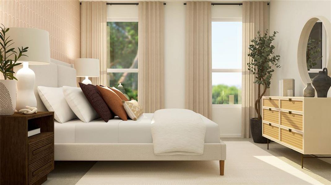 Bedroom featuring carpet floors and multiple windows