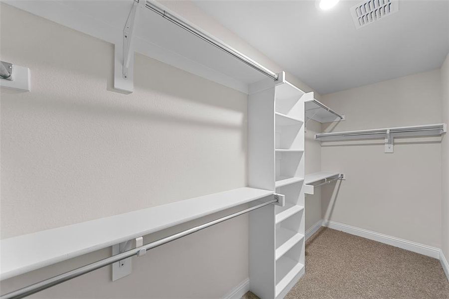 Spacious closet with light carpet