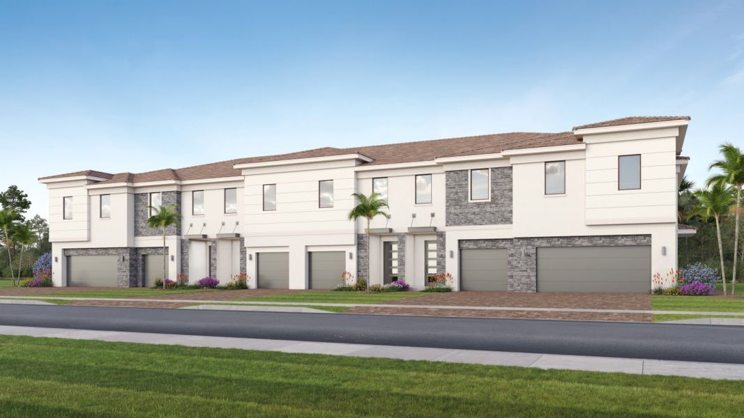 Front exterior of a new home in Lotis Wellington: The Townhomes Collection, Wellington, FL, highlighting curb appeal (Image 1).
