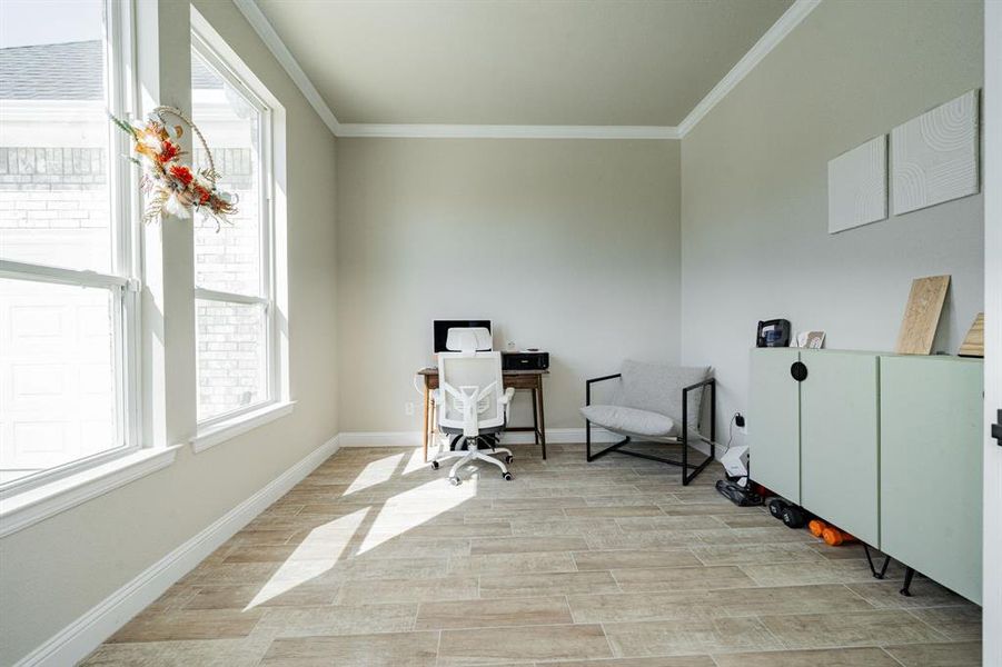 Office with crown molding and wood finish floors Office with crown molding and wood finish floors