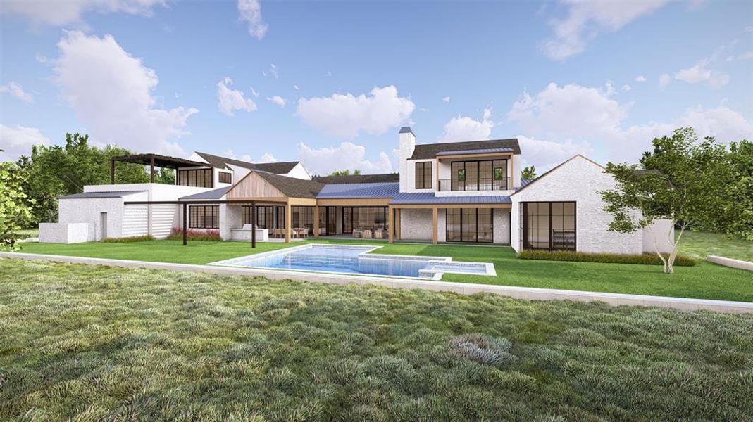 Expansive backyard featuring a rectangular swimming pool with integrated spa, a wide patio, and a covered outdoor living area with wood columns Expansive backyard featuring a rectangular swimming pool with integrated spa, a wide patio, and a covered outdoor living area with wood columns