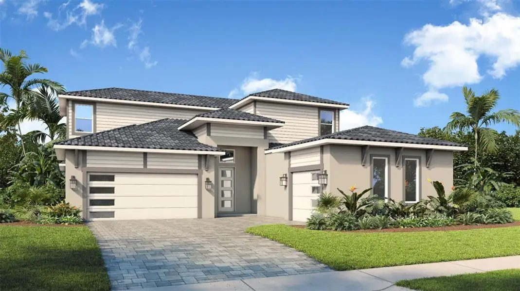 Front exterior of a new home in River Preserve Estates, Parrish, FL, highlighting curb appeal (Image 1). Front exterior of a new home in River Preserve Estates, Parrish, FL, highlighting curb appeal (Image 1).