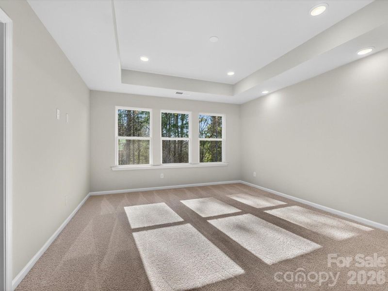 Primary bedroom features tray ceiling, large windows bathe the room with natural light and views to the woods