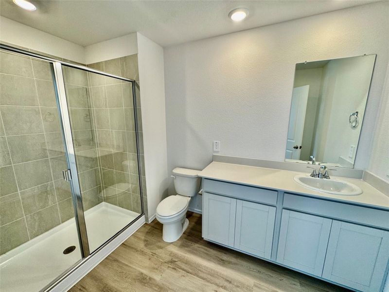 Full bath with light wood-type flooring, a shower stall, and vanity