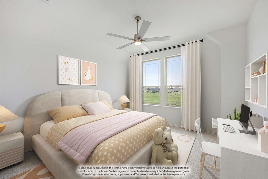 Children's bedroom with vaulted ceiling, ceiling fan, carpet flooring, and a desk area near the window Children's bedroom with vaulted ceiling, ceiling fan, carpet flooring, and a desk area near the window