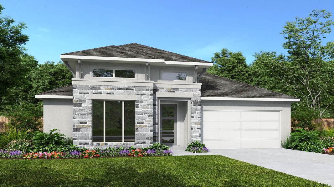 Representative exterior photo of a completed home built from the 2949M by Perry Homes in Hidden Canyon 55', San Antonio, TX (Image 12).