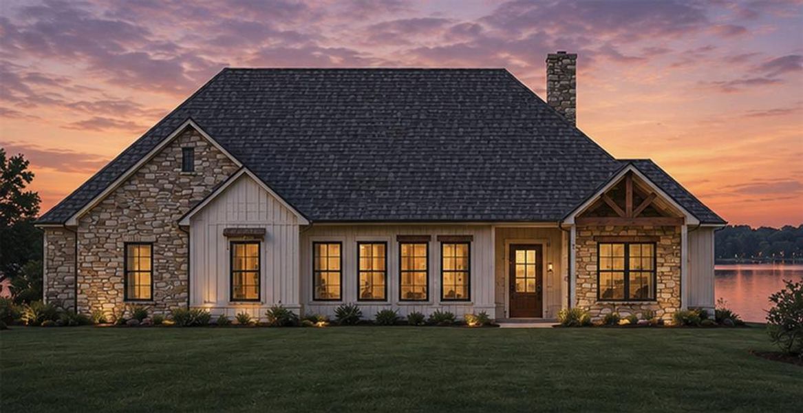 Twilight front elevation rendering. Stone and board-and-batten exterior featuring a dark asphalt shingle roof