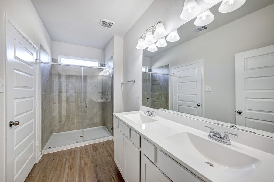 Primary Bath. Sample image for illustration; upgrades, options, and colors may vary. Primary Bath. Sample image for illustration; upgrades, options, and colors may vary.