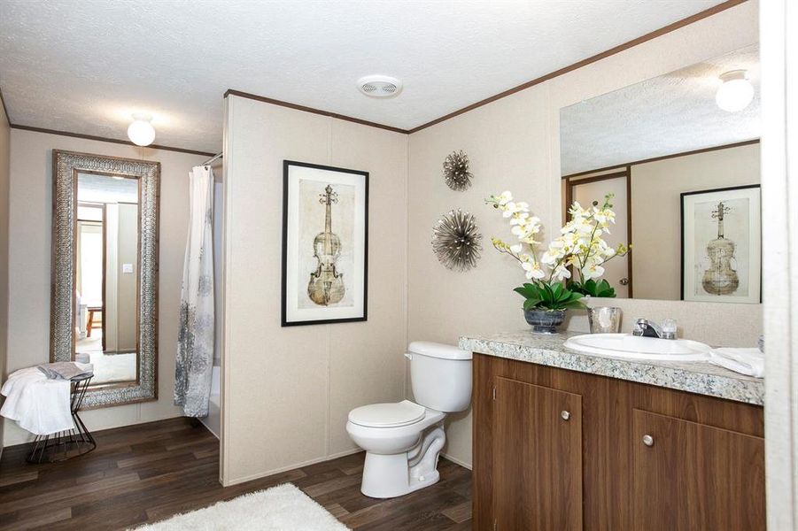 Bathroom with wood-type flooring, vanity, toilet, and a textured ceiling