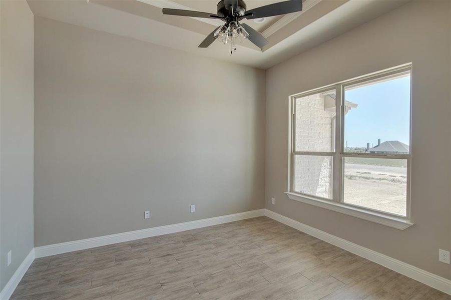 Unfurnished room with ceiling fan, light hardwood / wood-style flooring, and a tray ceiling