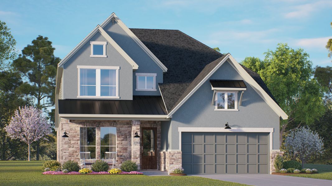 Front exterior of a new home in Wood Leaf Reserve, Tomball, TX, highlighting curb appeal (Image 21).