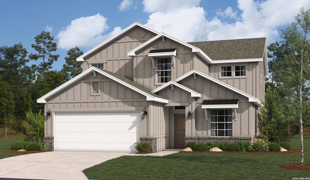 Front exterior of a new home in Veranda Signature, San Antonio, TX, highlighting curb appeal (Image 2). Front exterior of a new home in Veranda Signature, San Antonio, TX, highlighting curb appeal (Image 2).