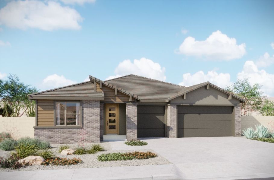 Representative exterior photo of a completed home built from the Garnet by Mattamy Homes in Tavira at Twin Peaks, Marana, AZ (Image 2). Representative exterior photo of a completed home built from the Garnet by Mattamy Homes in Tavira at Twin Peaks, Marana, AZ (Image 2).