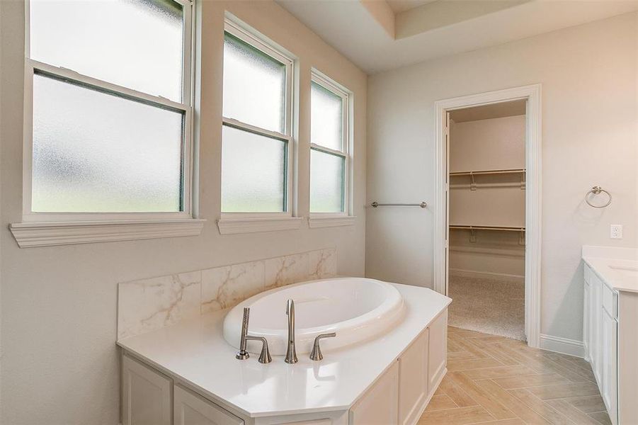 Bathroom with vanity and a tub to relax in