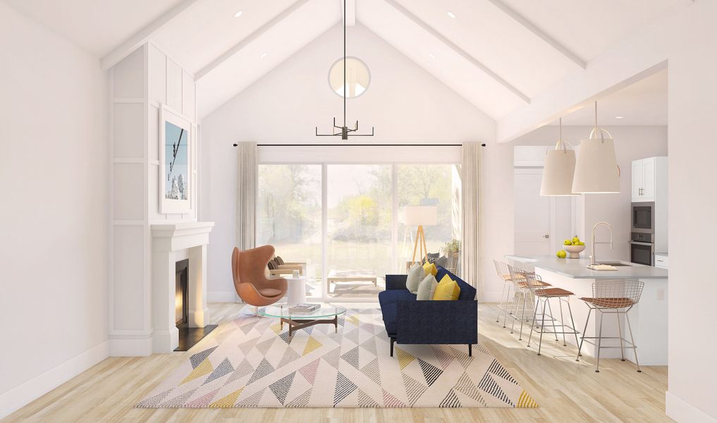 Great room with shiplap and white-stained ceiling beams