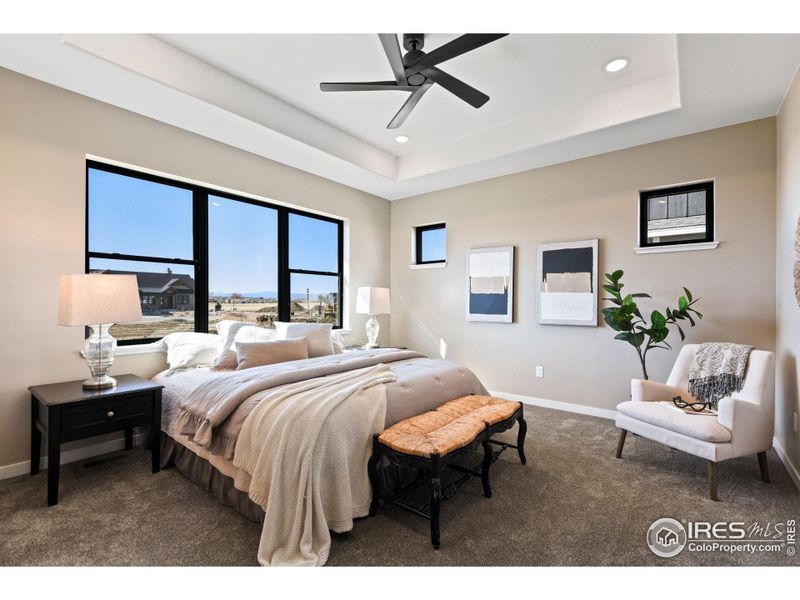 Primary bedroom on the west side enjoys privacy from the other main level bedrooms