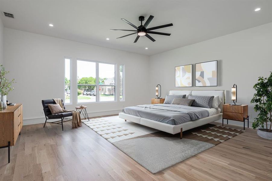 Bedroom with recessed lighting, light wood-style flooring, and ceiling fan Bedroom with recessed lighting, light wood-style flooring, and ceiling fan