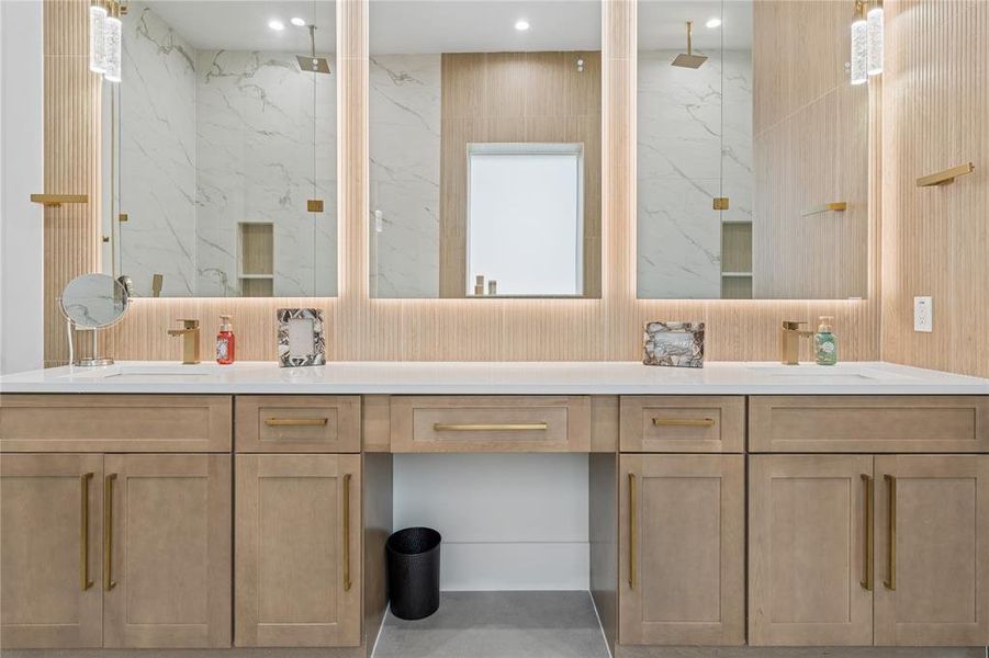 Dual vanities with back-lit mirrors Dual vanities with back-lit mirrors