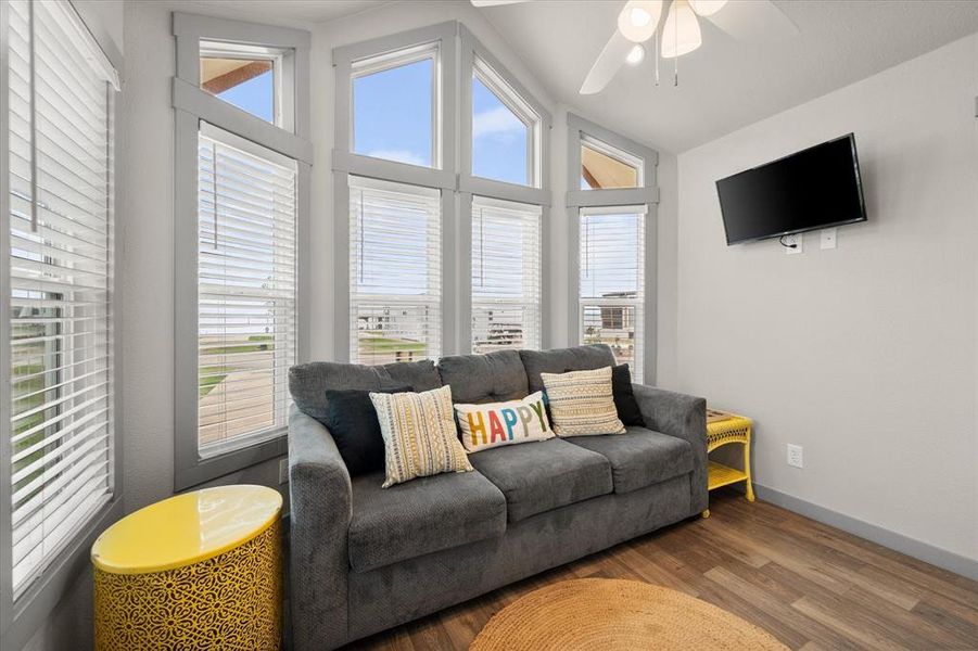 Walking into the living space you'll find it fully furnished and ready for relaxing!