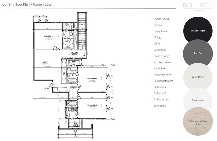 Second floor, floor plan with color examples