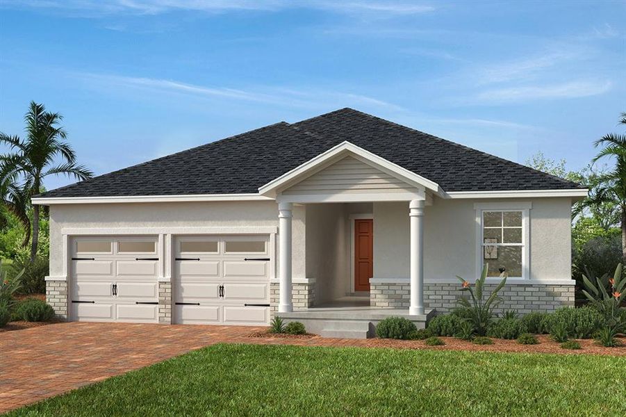 Front exterior of a new home in Cypress Bluff II, Groveland, FL, highlighting curb appeal (Image 1).