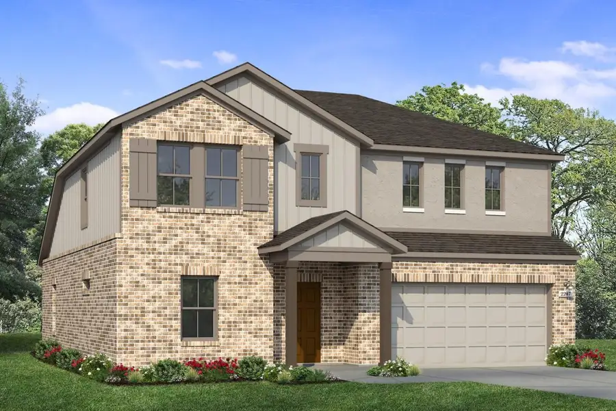Rendering of two story home with two-tone tan stucco, siding, accents, and garage, with light brick, driveway, and landscaping Rendering of two story home with two-tone tan stucco, siding, accents, and garage, with light brick, driveway, and landscaping