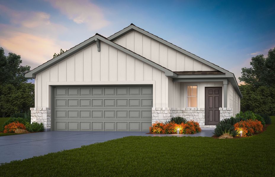 Front exterior of a new home in The Overlook at Creekside, New Braunfels, TX, highlighting curb appeal (Image 1). Front exterior of a new home in The Overlook at Creekside, New Braunfels, TX, highlighting curb appeal (Image 1).