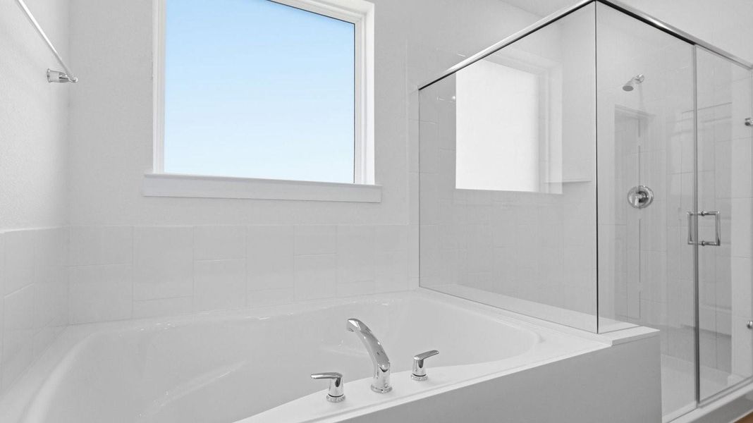 Primary bathroom with a glass-enclosed standing shower and separate soaking tub.
