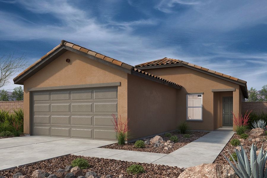 Front exterior of a new home in Wildflower Reserve, Tucson, AZ, highlighting curb appeal (Image 1).
