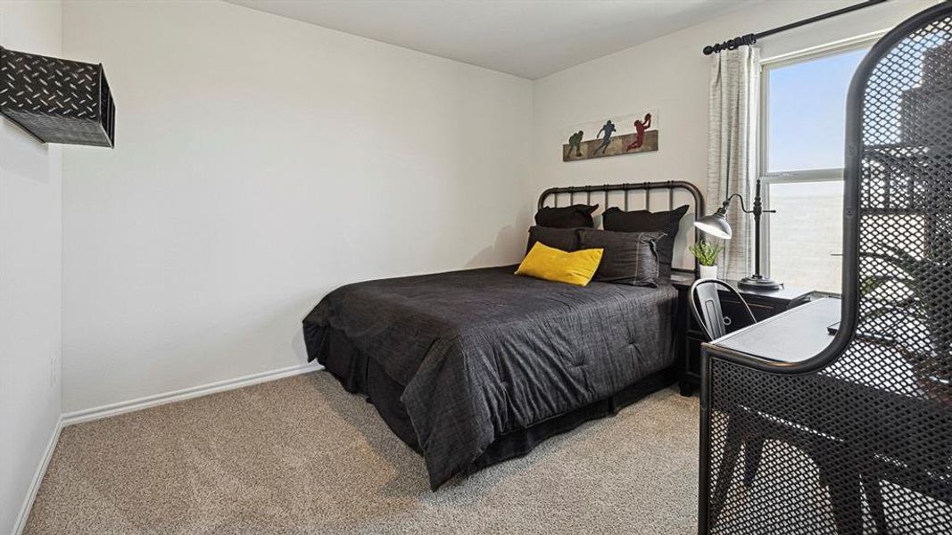 This room features neutral-toned carpet flooring, a window with curtains, and white walls