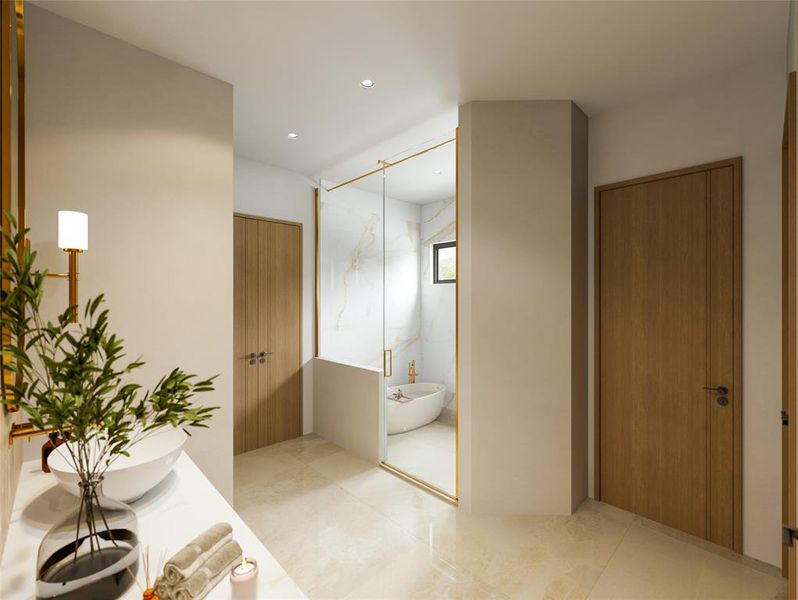 Hall featuring recessed lighting and light tile patterned flooring Hall featuring recessed lighting and light tile patterned flooring