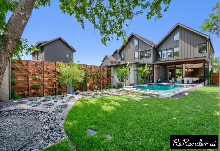 Back of property with a fenced backyard and a patio