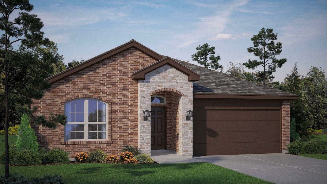 Front exterior of a new home in Mustang Ridge, Andrews, TX, highlighting curb appeal (Image 1). Front exterior of a new home in Mustang Ridge, Andrews, TX, highlighting curb appeal (Image 1).