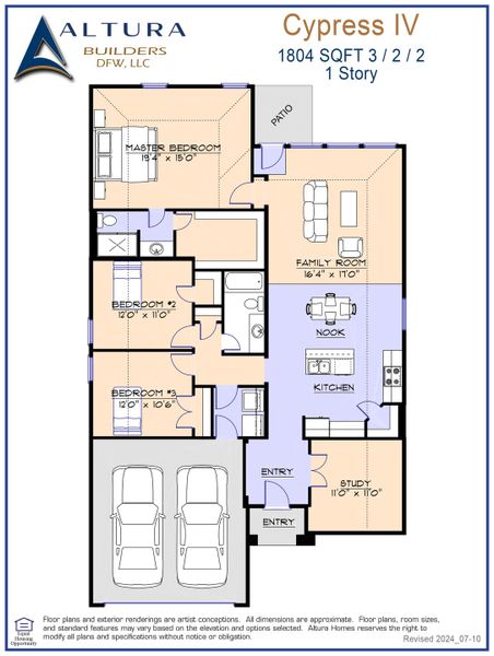 2D floor plan layout for the Cypress IV by Altura Homes in Stonecreek, Sulphur Springs, TX (Image 3).