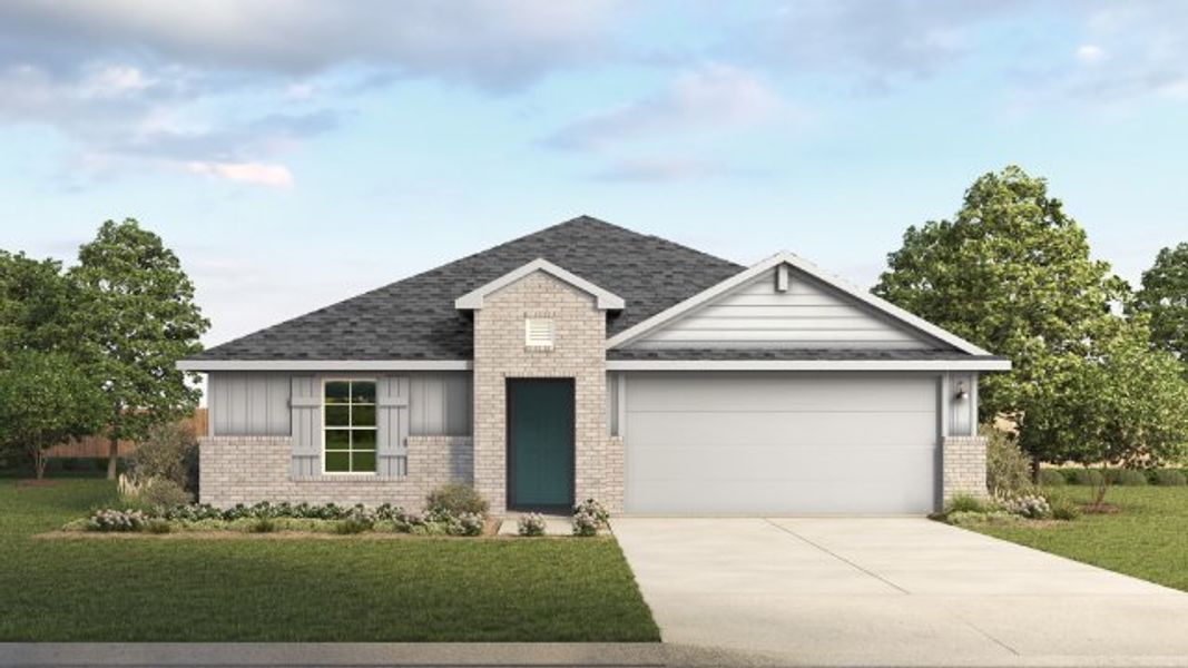 Representative exterior photo of a completed home built from the The Irvine by D.R. Horton in Carillon, Manor, TX (Image 16).