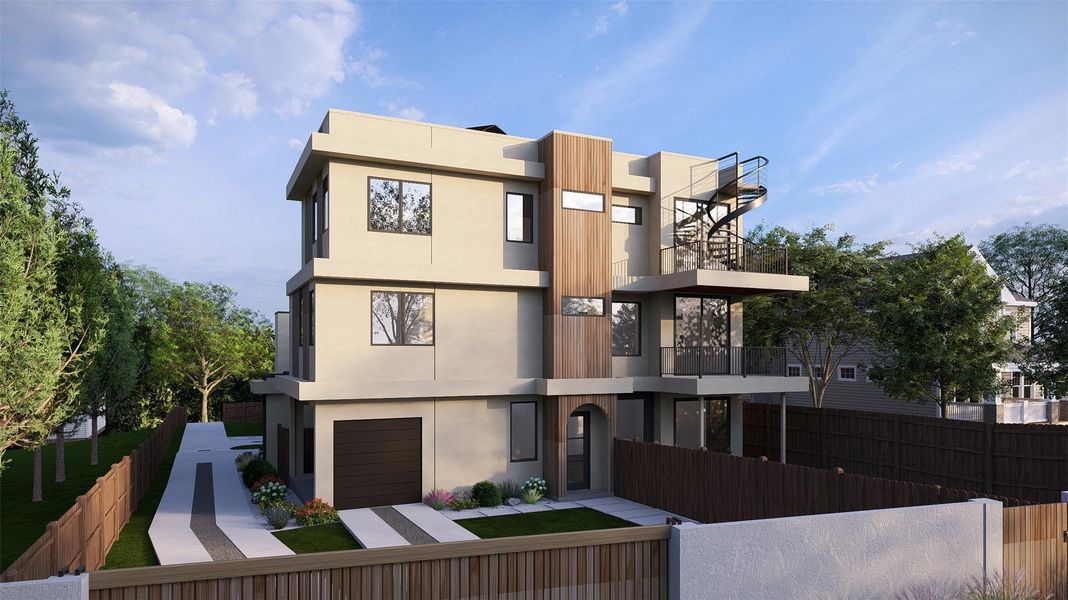 A striking modern facade with architectural wood accents and multiple balconies, perfect for refined outdoor living. A striking modern facade with architectural wood accents and multiple balconies, perfect for refined outdoor living.