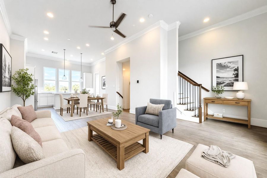 Virtually staged second-floor living and dining.