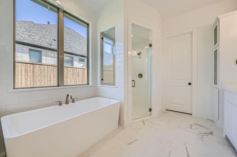 Bathroom with vanity and independent shower and bath