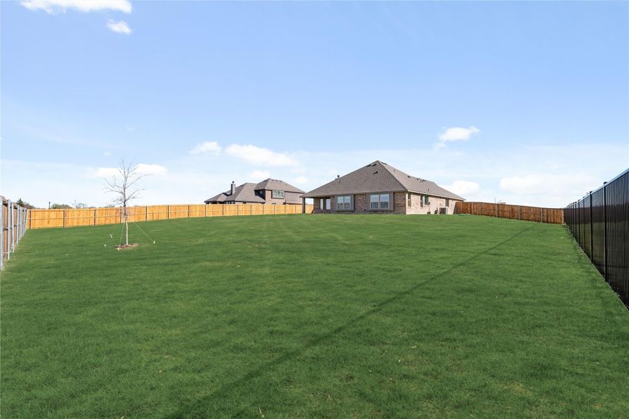 Large backyard with green lawn, wood privacy fence, and brick home visible in the background Large backyard with green lawn, wood privacy fence, and brick home visible in the background