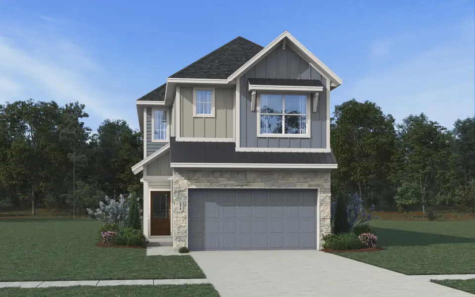 Representative exterior photo of a completed home built from the Lorraine by Chesmar Homes in Meridiana Chateau, Iowa Colony, TX (Image 2). Representative exterior photo of a completed home built from the Lorraine by Chesmar Homes in Meridiana Chateau, Iowa Colony, TX (Image 2).