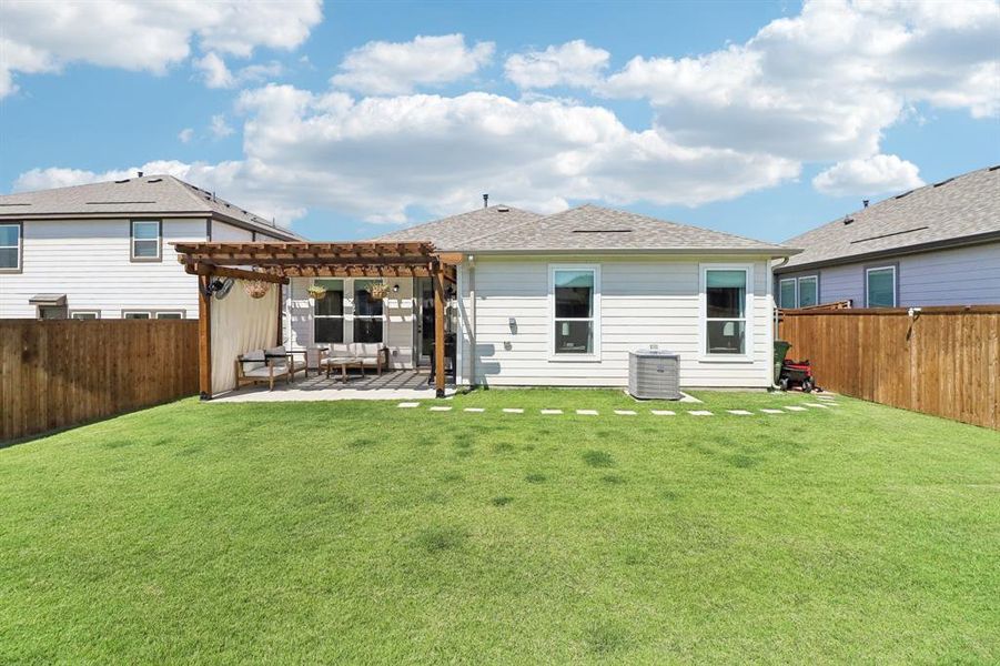 Rear view of property with a patio, a fenced backyard, a pergola, and roof with shingles Rear view of property with a patio, a fenced backyard, a pergola, and roof with shingles