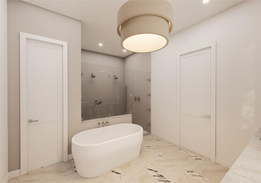 A spa-worthy sanctuary anchored by a sculptural soaking tub and wrapped in soft, textural finishes. The glass-enclosed shower with statement tilework creates a refined contrast, offering a private escape designed for restoration and calm. A spa-worthy sanctuary anchored by a sculptural soaking tub and wrapped in soft, textural finishes. The glass-enclosed shower with statement tilework creates a refined contrast, offering a private escape designed for restoration and calm.